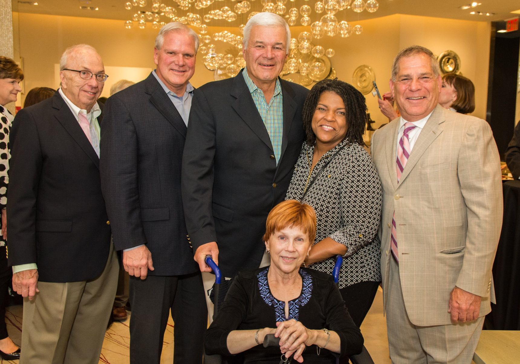Ron Elz of KMOX, Dan Farrell of the St. Louis Cardinals, Spencer Koch formally of KTVI (retired), Carol Daniel of KMOX, William Greenblatt, President of St. Louis Press Club, Sarah Bryan Miller of the St. Louis Post-Dispatch (front)